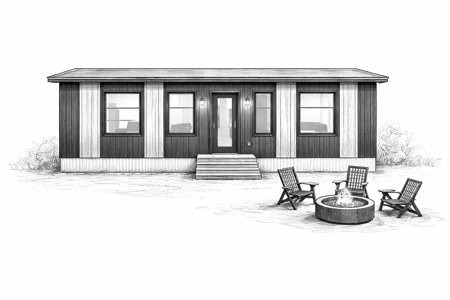 Black and white drawing of a single-story house with a centered front door, four windows, and three steps leading up to the entrance. In front of the house, there is a fire pit surrounded by four chairs.
