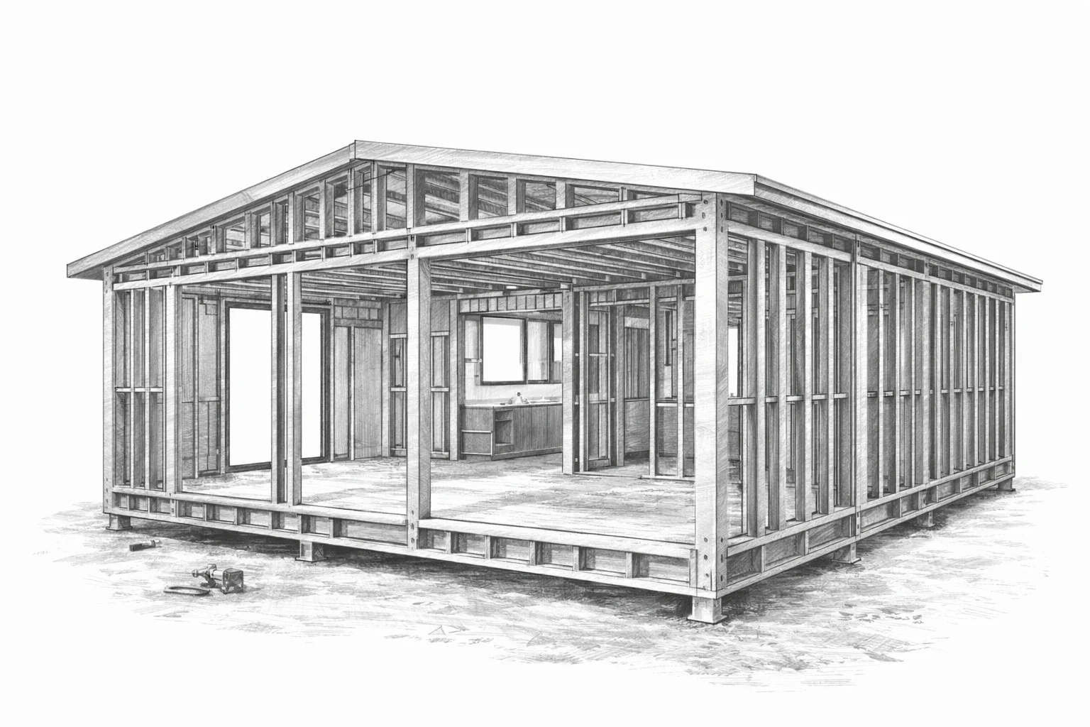 Black and white sketch of a house under construction showing wooden framing, open walls, and a partial roof with tools on the ground nearby.