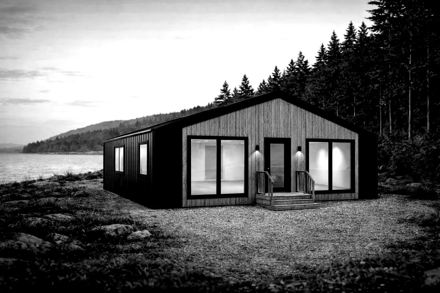 A modern cabin with large windows and a wooden exterior, situated on a rocky shore with trees in the background, during dusk.