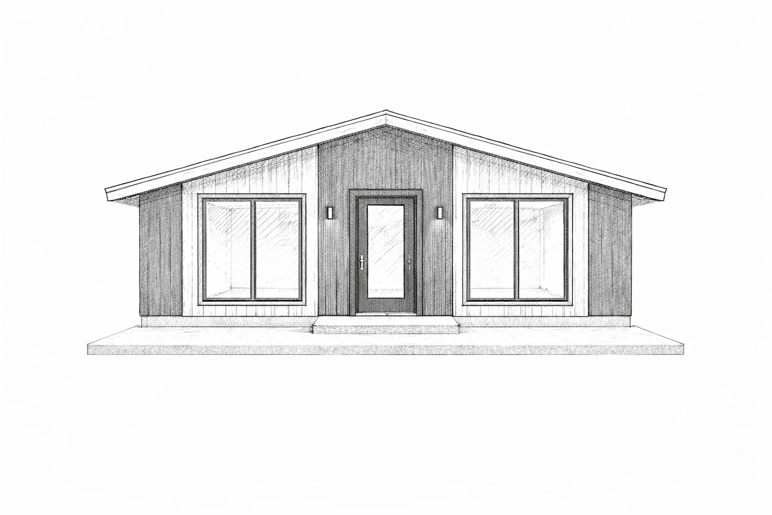 Sketch of a modern house with a sloped roof, large front windows, and a middle front door, set on a raised platform.