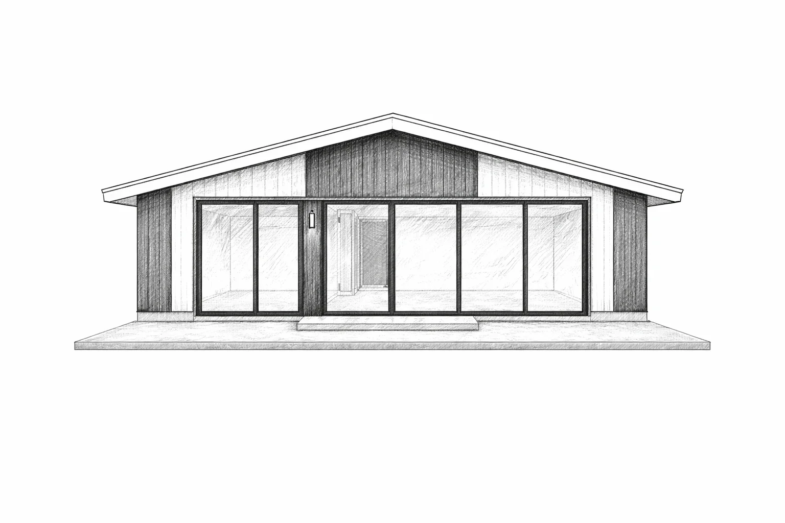A black and white sketch of a modern house with large glass sliding doors, wood siding, and a gently sloped roof.