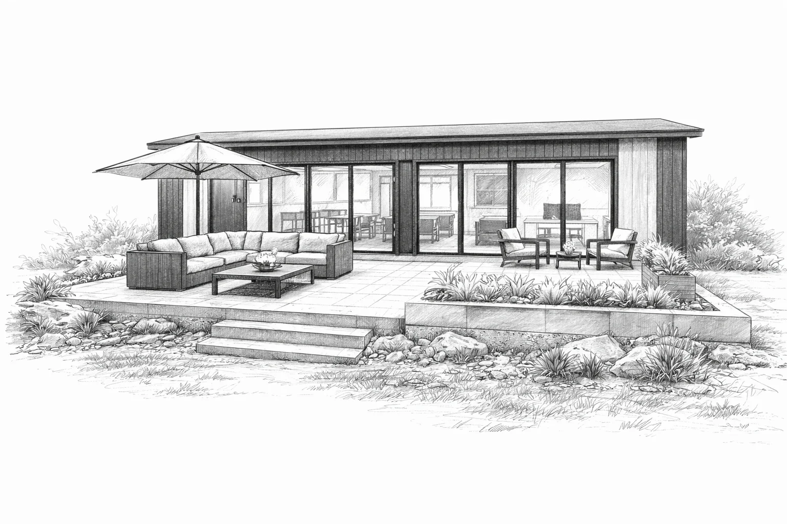 Sketch of a modern house with a large outdoor patio, patio furniture including a sectional sofa, chairs, and a table, with an umbrella, surrounded by landscaped plants and rocks.