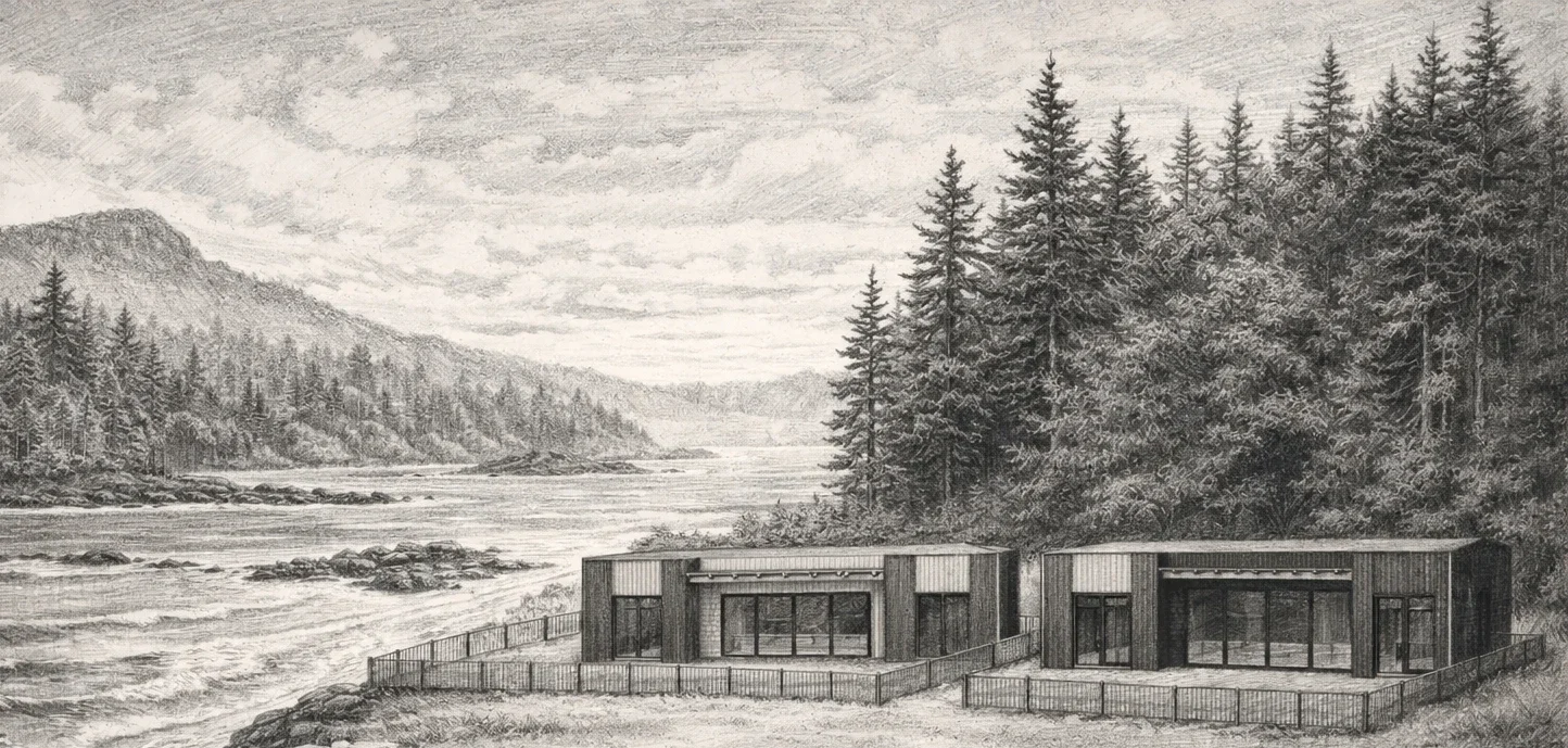 Sketch of two modern houses by a river, surrounded by trees and mountains.