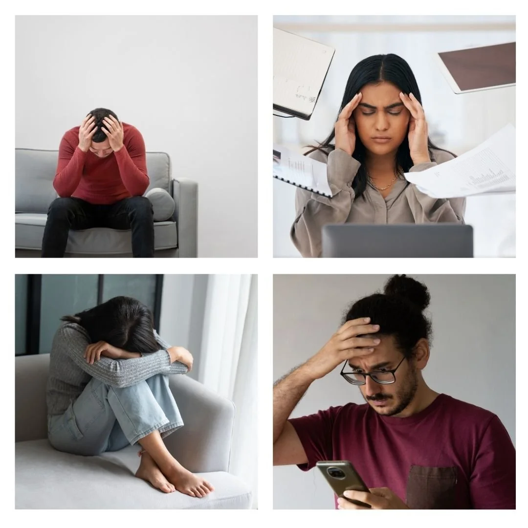 Four people appear distressed or stressed in different settings, holding their heads or looking at their phones amid work or personal difficulties.
