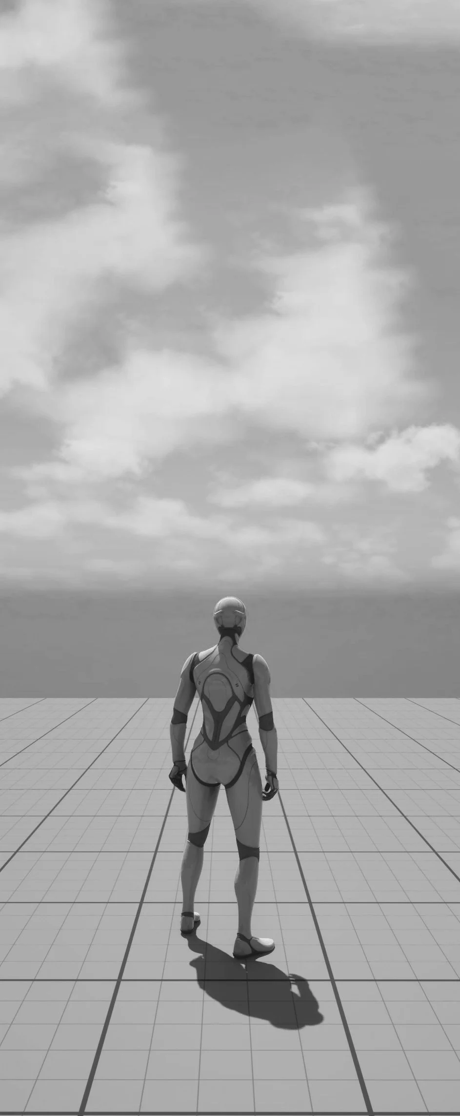 En futuristisk robot står på en rutlagt platform under en skyet himmel.