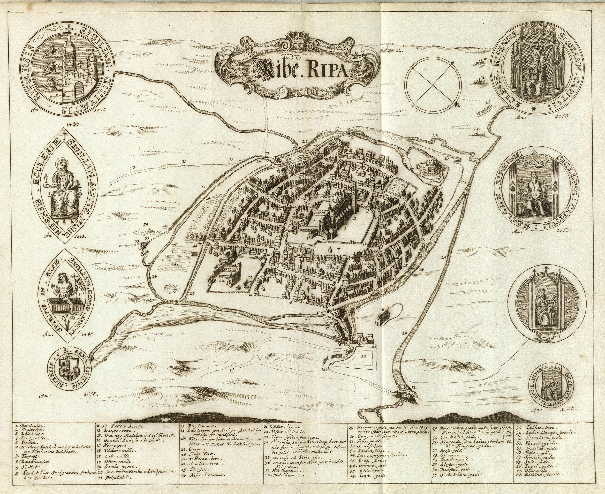 Historical 1677 map of Ribe, Denmark, from Peder Hansen Resen’s Atlas Danicus, showing a detailed bird's-eye perspective of the city layout, Riberhus Castle, and surrounding marshlands.