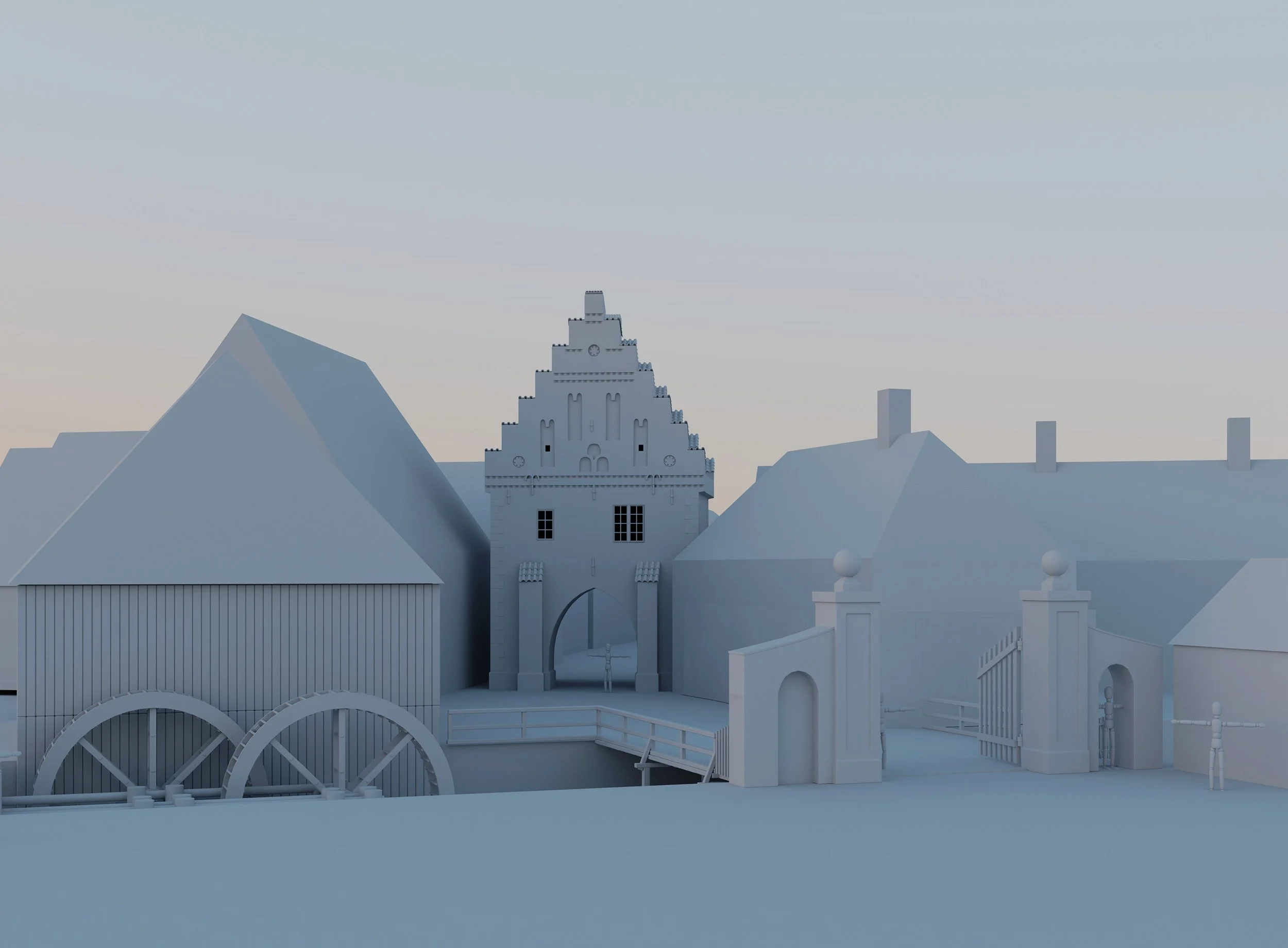 3D clay render of the historical Nørreport city gate in Ribe, Denmark, featuring greyboxed medieval houses and a watermill for scale and layout testing.