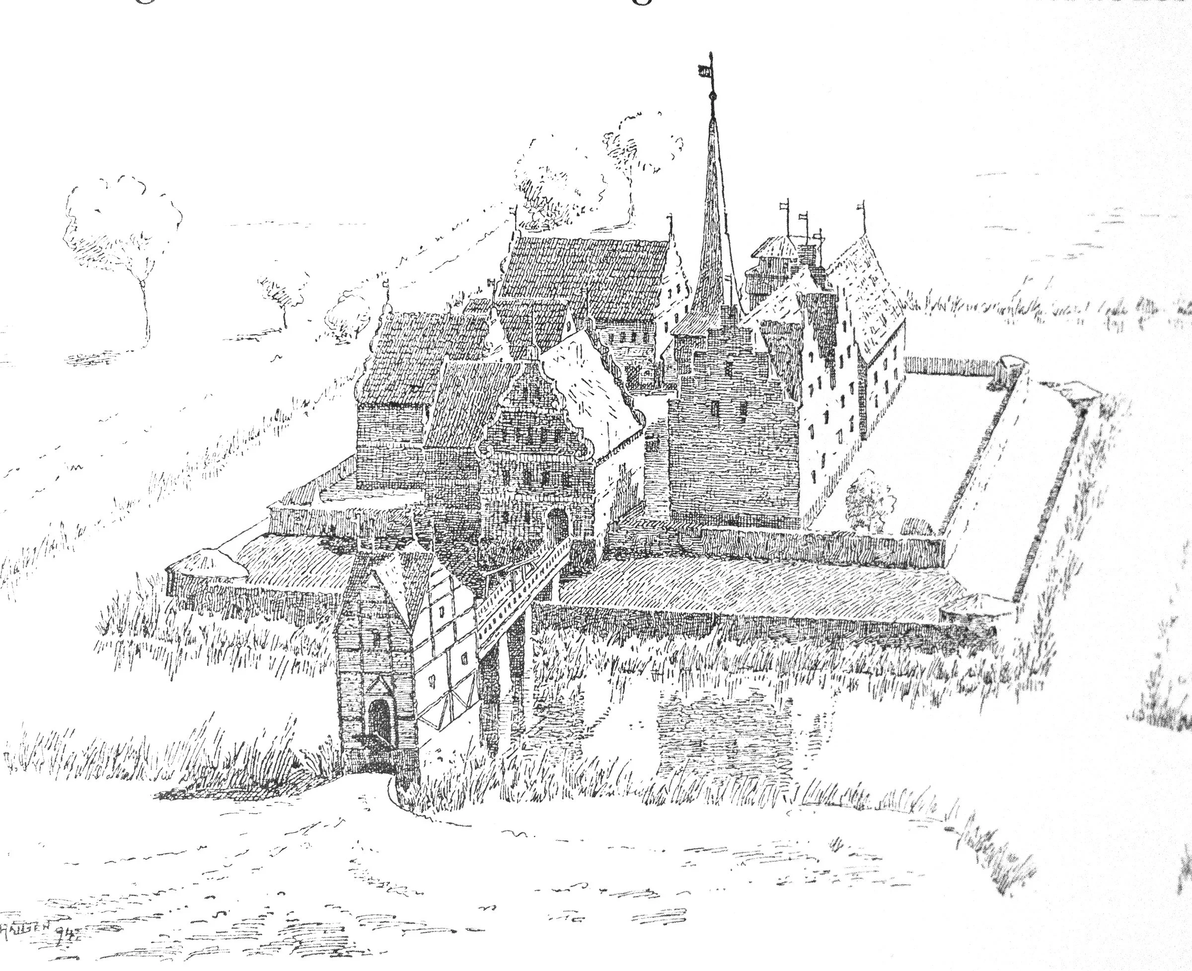 A detailed historical drawing of Riberhus castle by J. Th. Hansen from Danmarks Riges Historie Vol. 3, showing the castle's complex of Renaissance buildings and fortifications.
