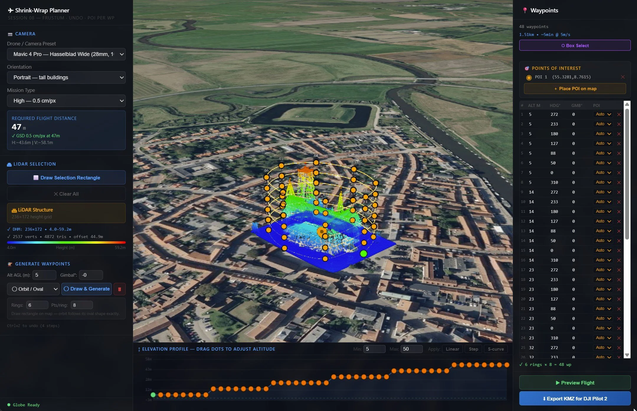 Screenshot of the custom drone waypoint planner software under development for the Ribe 1650 digital archaeology project, showing flight paths for photogrammetry data collection.