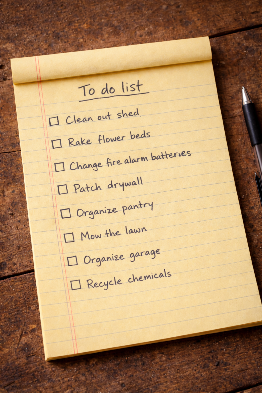 A yellow lined notepad with a to-do list written in black ink, placed on a wooden surface, with a black pen beside it.
