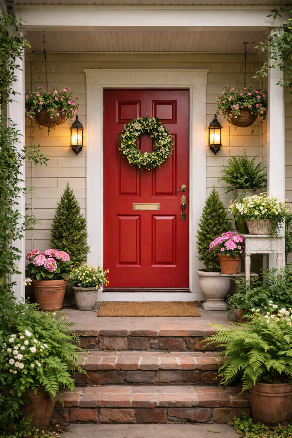 Front porch with red door decorated with a green wreath, flanked by potted plants, flowers, and hanging baskets, with brick stairs and warm lighting.