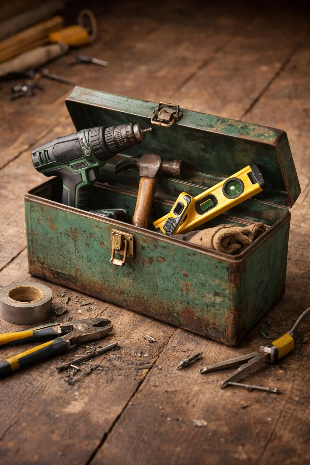 An open green rusted toolbox containing a cordless drill, hammer, and spirit level on a wooden workbench, with tools and nails scattered around.