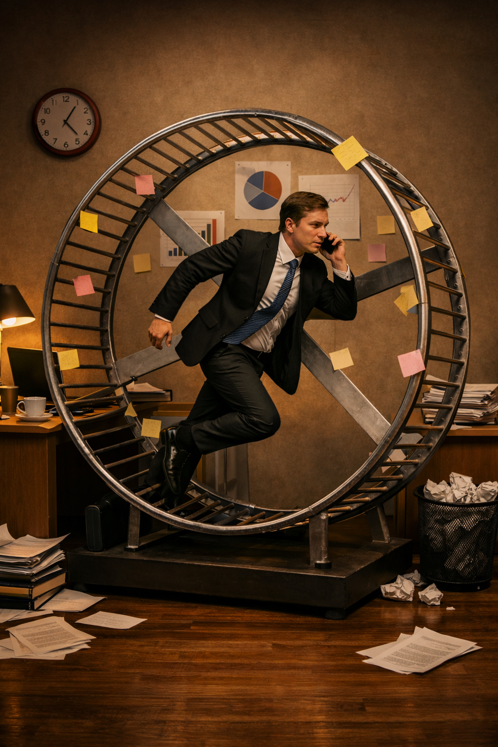 A man in a business suit is running inside a large hamster wheel in an office, talking on a phone. The office has a cluttered desk, papers on the floor, and charts on the wall.