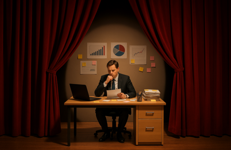 A man in a suit sitting at a desk with a laptop and papers, behind red stage curtains, with charts and sticky notes on the wall.