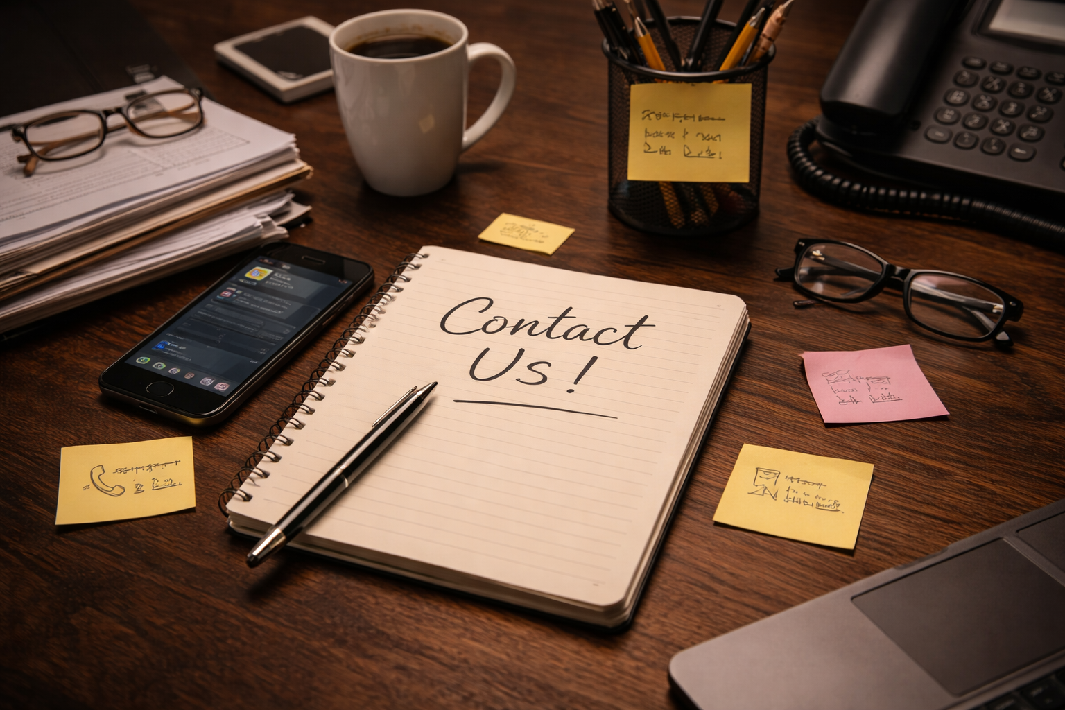 Office desk with a notebook that says 'Contact Us!', a pen, a smartphone, a mug of coffee, glasses, sticky notes, a phone base, a laptop, and a container of pens and pencils.