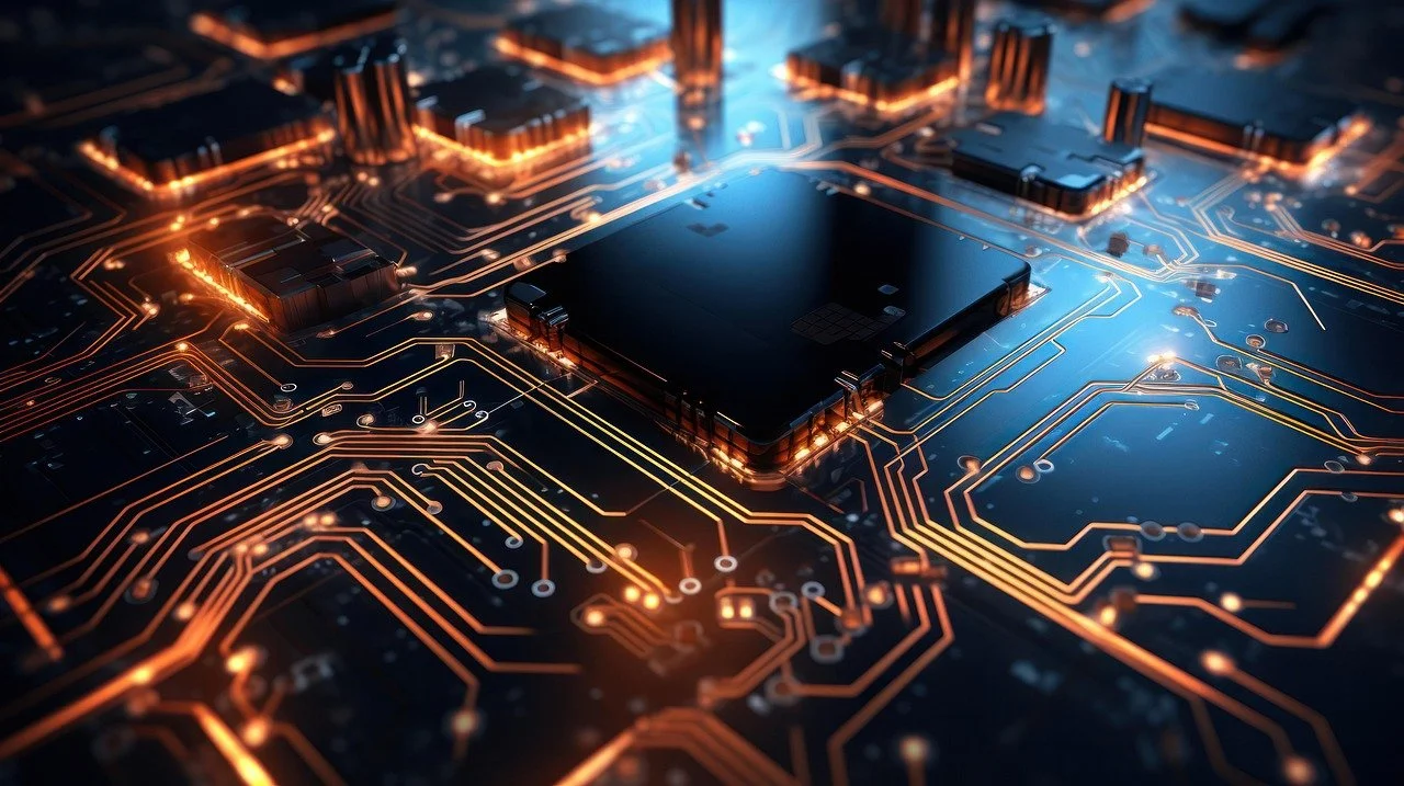 Close-up of a computer circuit board with a central black microchip, illuminated by orange and blue lights.