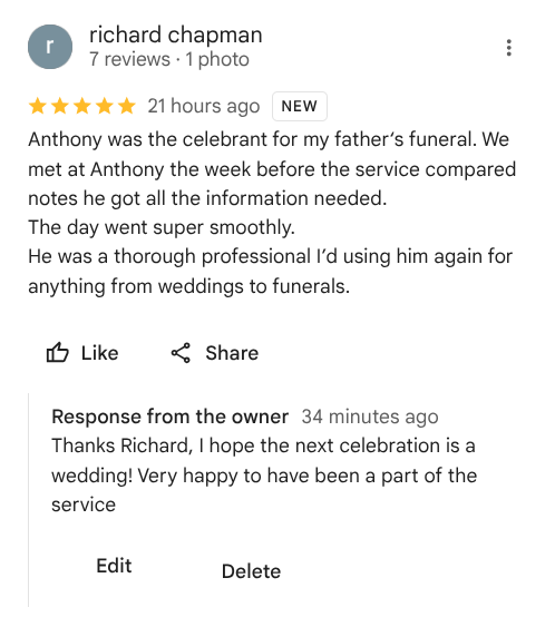 Screenshot of a five-star review by Richard Chapman for Anthony, praising his professionalism at a funeral, with a reply from Anthony expressing gratitude for including him in the celebration.