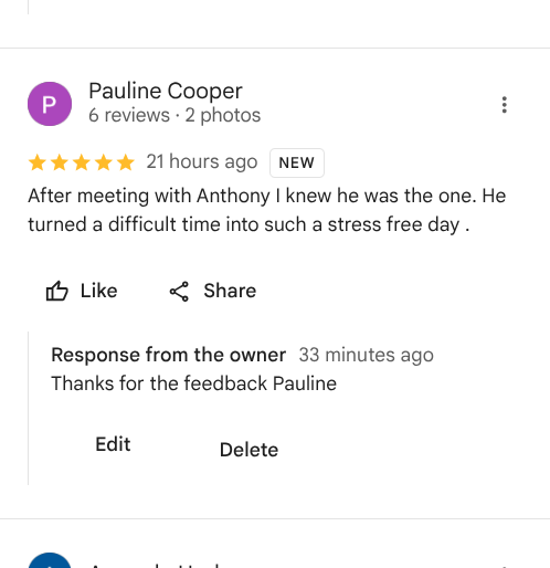 Screenshot of a Google review from Pauline Cooper, five stars, posted 21 hours ago, praising Anthony for turning a difficult time into a stress-free day, with a response from the owner thanking her for the feedback.