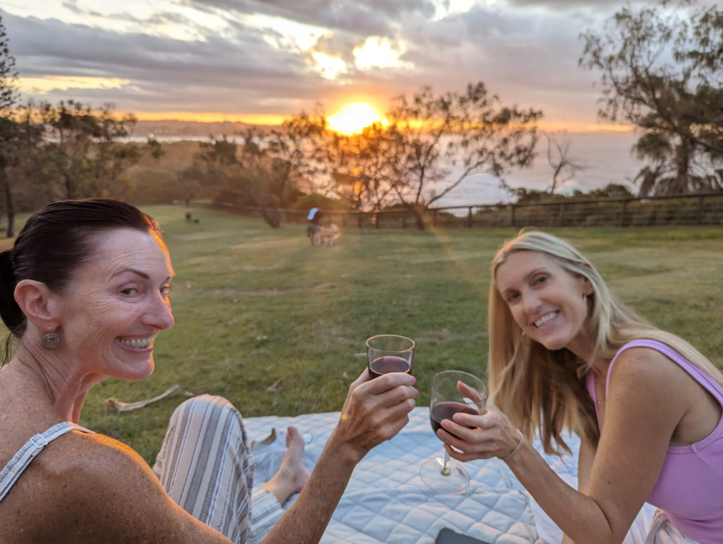 Two women smiling and clinking glasses of red wine during a sunset picnic on a grassy area near a fence, with trees and a body of water in the background.
