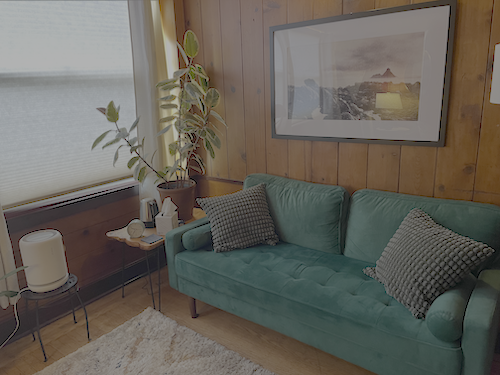 Living room with a teal sofa, two patterned pillows, a potted plant, a small side table with a lamp, and a framed landscape picture on a wooden wall.
