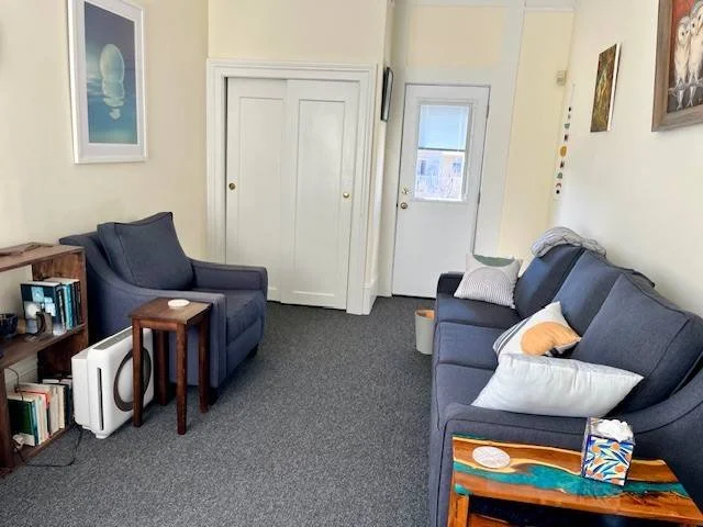 Living room with two blue sofas, a wooden side table, a small wooden bookshelf with books, and wall art, with a white door and a window in the background.