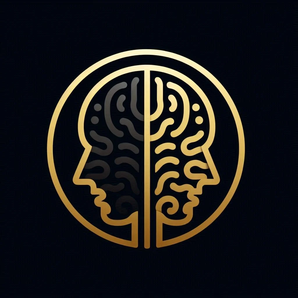Gold outline of two human profiles facing each other, with a brain design inside each profile, on a black background.