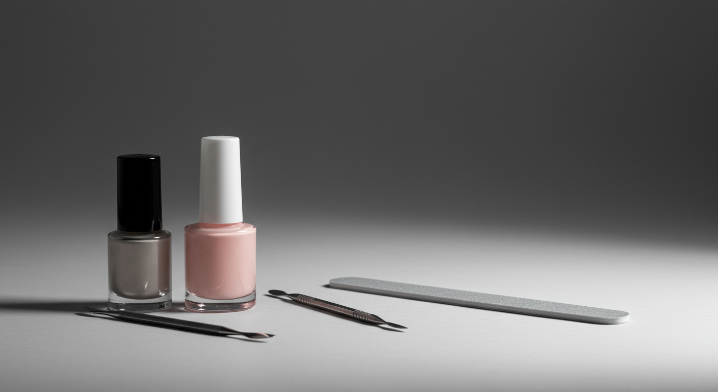 Two bottles of nude and pink nail polish with two nail art tools and a gray nail file on a gray and white surface with a gradient background.