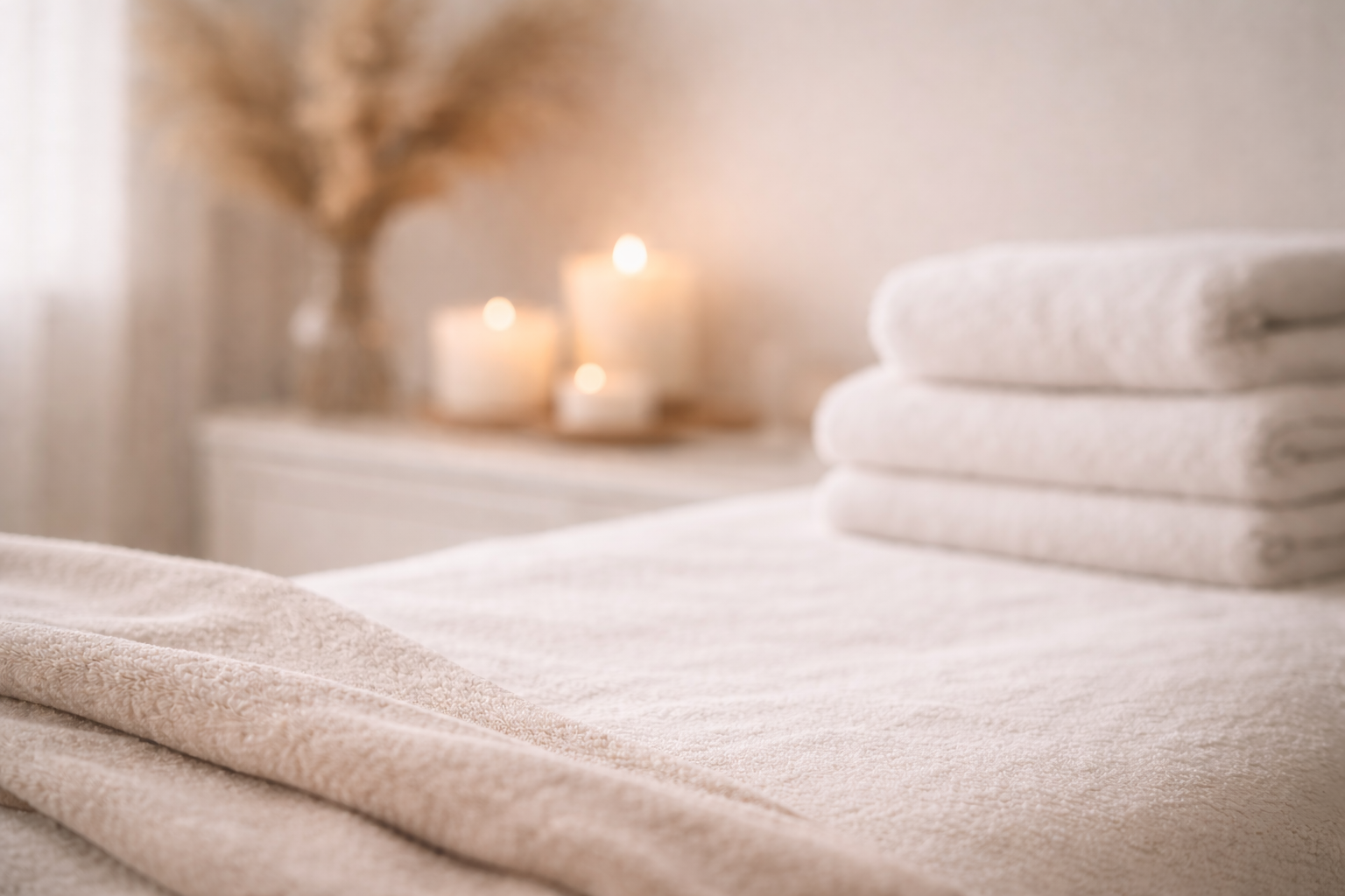 A cozy spa or massage room with neatly folded towels on a bed, soft candlelight, and blurred candles and decor in the background.