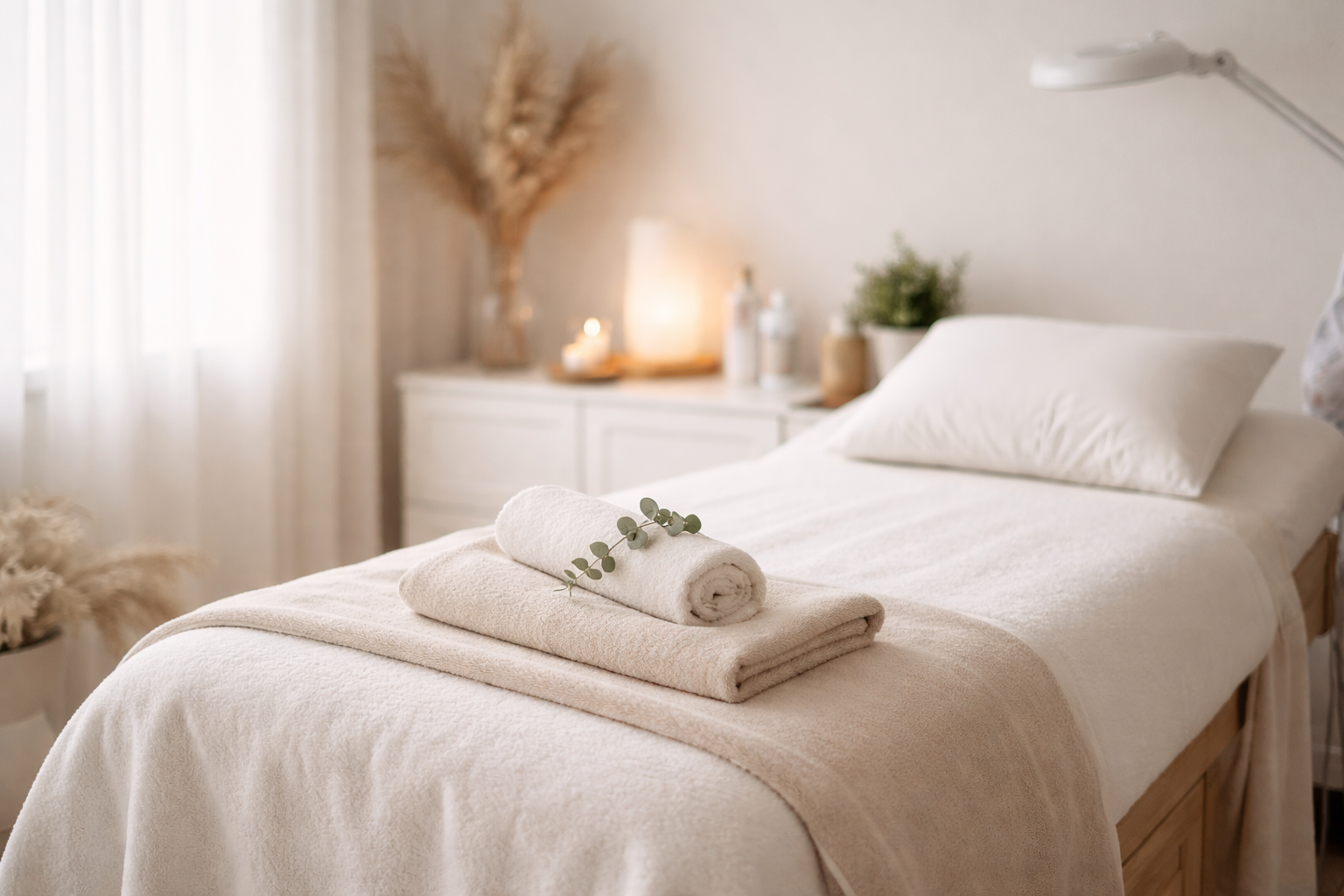 A neatly made bed with white bedding, topped with a rolled towel and a small branch. In the background, there is a dresser with decorative items, plants, and a lamp, in a softly lit, cozy bedroom.