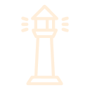 Outline of a lighthouse with light rays emanating from the top.