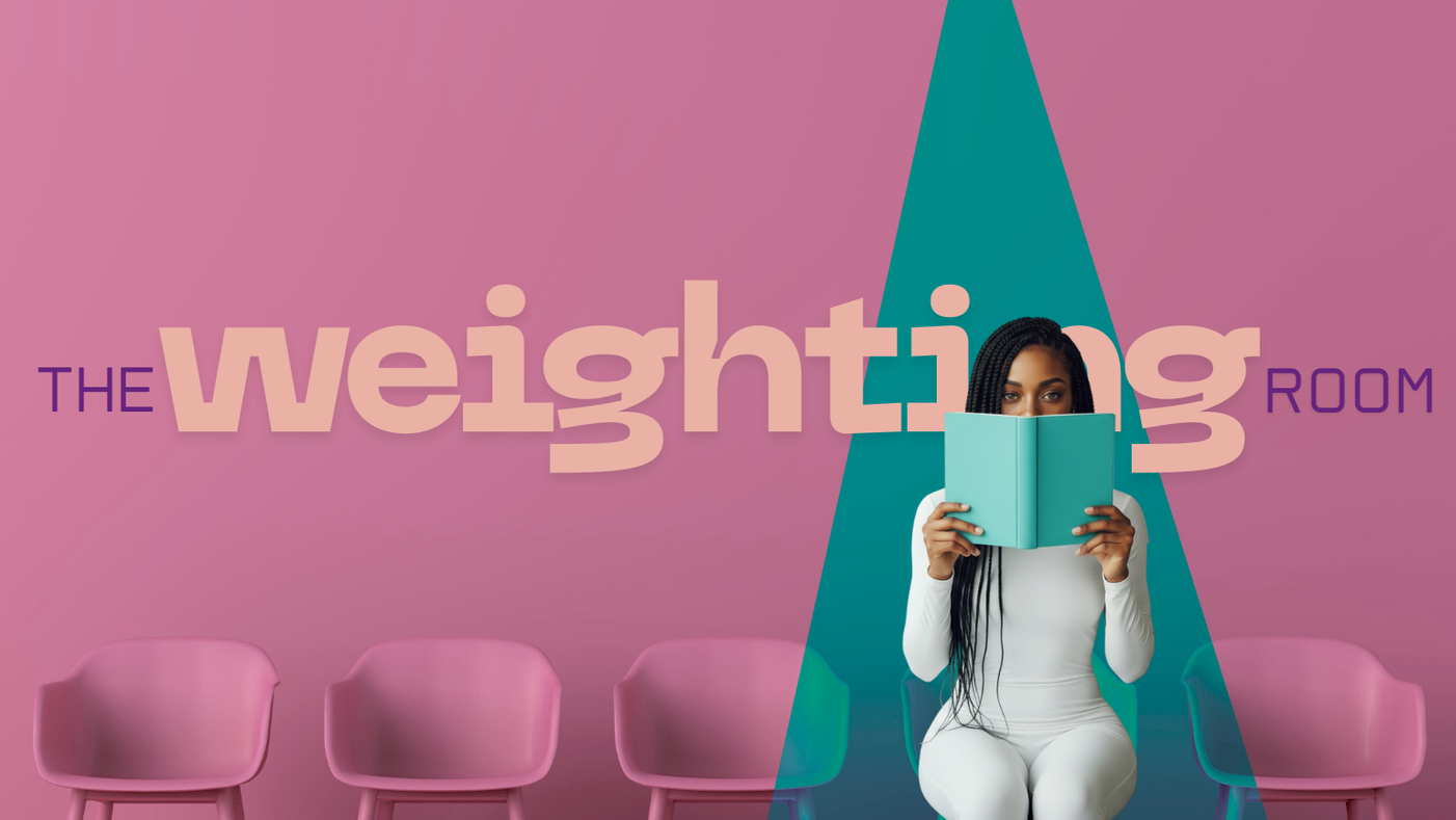 A woman in white seated holding a teal book in front of her face, in a pink waiting room with pink chairs and a pink wall with the words "The Weighting Room" in large colorful letters.