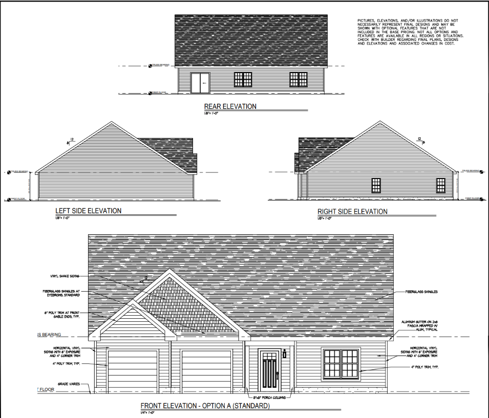 Architectural blueprint of a house showing front, rear, left, and right side elevations with detailed roof and wall specifications.