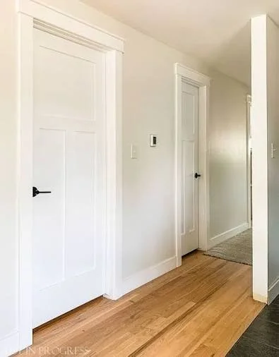 Interior hallway with white doors, light-colored walls, and hardwood flooring leading to a room with a carpeted floor.