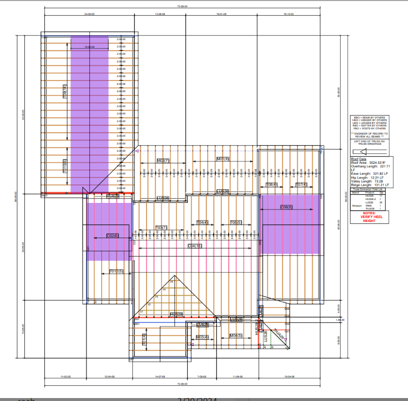 Architectural roof plan with measurements, roofing details, and color-coded sections of the building roof.
