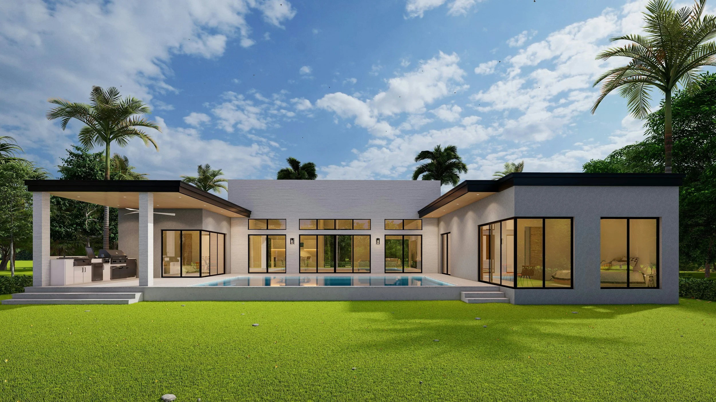 Modern single-story house with large glass windows and a swimming pool in the backyard, surrounded by green grass, trees, and palm trees under a partly cloudy sky.