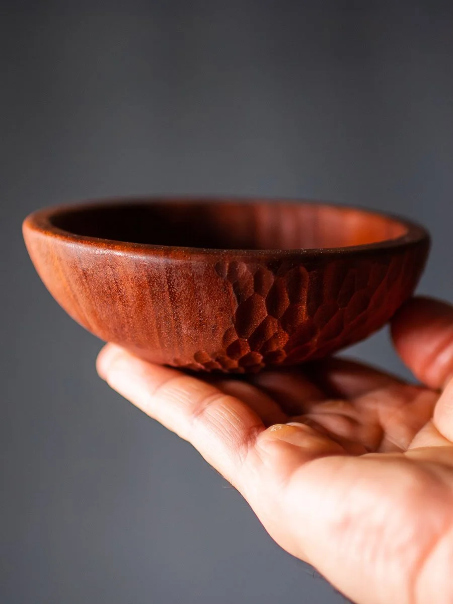 Bosque Bowl Mini | This little African Mahogany gem is kicking off my Bosque series, characterized by simple form and counterplay between textured and smooth wood. The bowl is food safe and the size makes it suitable for use as a berry or sauce bowl,