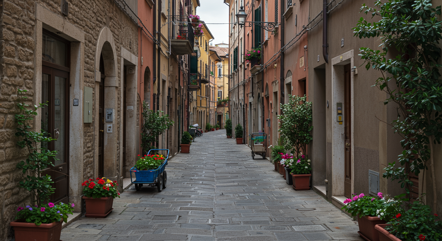 A narrow European street lined with colorful buildings, potted plants and flowers, and a blue cart with flowers.