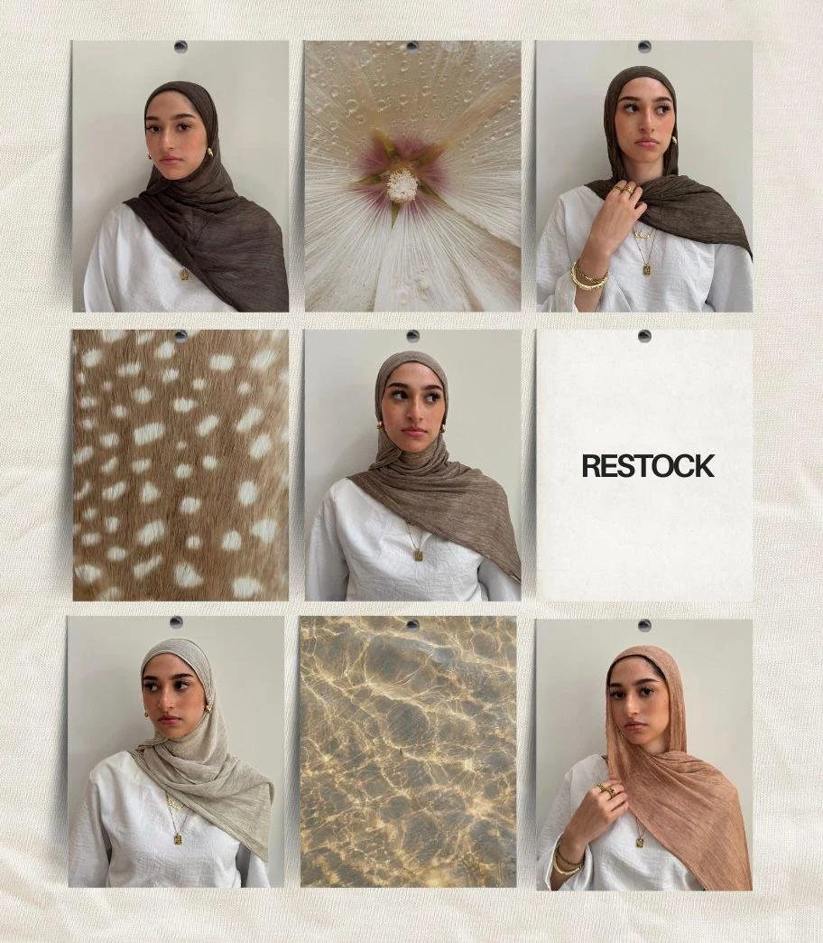 A collage of nine images featuring a woman wearing different headscarves and jewelry, with abstract backgrounds including close-ups of patterns and textures, and a plain white wall background.