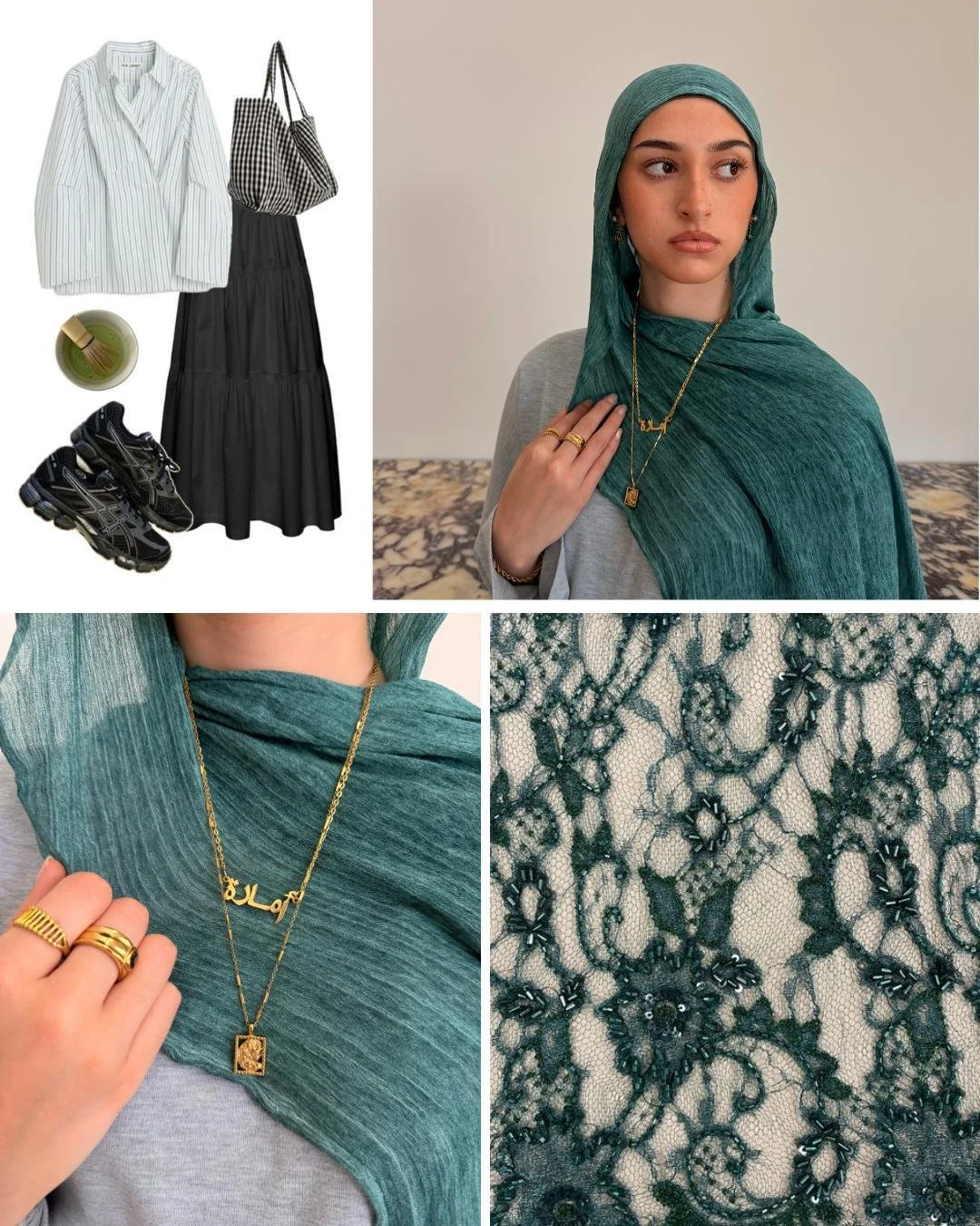 A collage of a woman's outfit and accessories, including a teal headscarf, gold jewelry, and a black lace dress. Also features clothing and accessories such as a striped shirt, checkered bag, black skirt, athletic shoes, and a bowl of matcha tea.