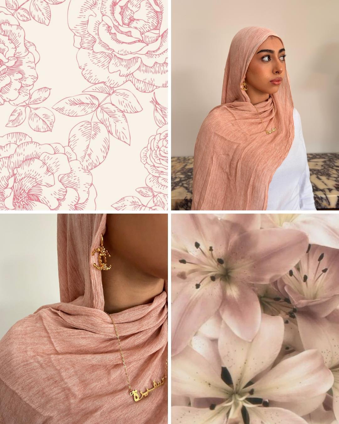 A collage of four images: a line drawing of roses; a young woman with dark eyebrows and light skin wearing a pink hijab, gold earrings, and a necklace with Arabic text; a close-up of her with the pink hijab, gold earring, and necklace; and a cluster of pale pink lilies.