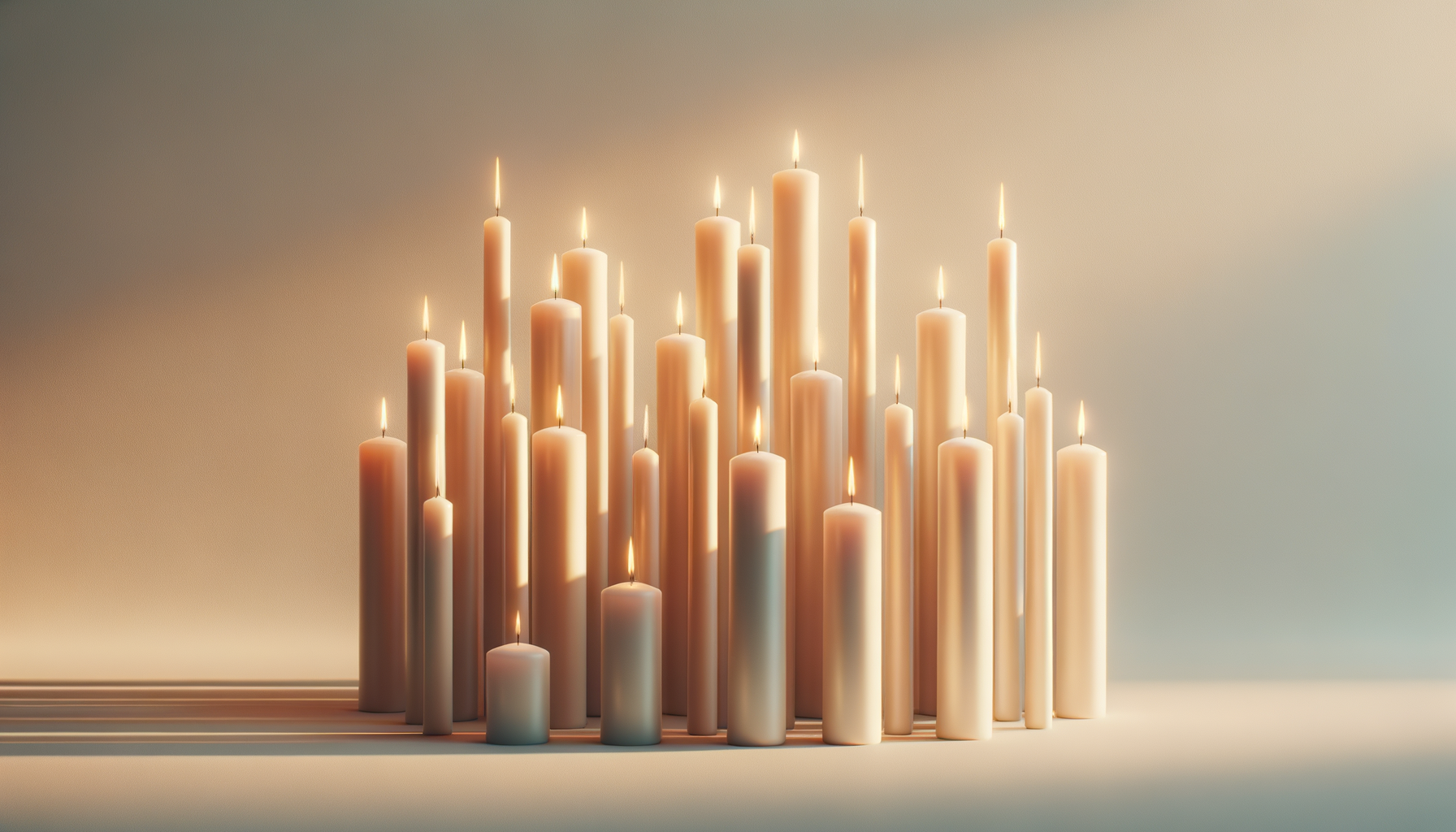 Multiple beige candles of varying heights lit with flames, arranged in a semi-circle on a flat surface against a neutral background