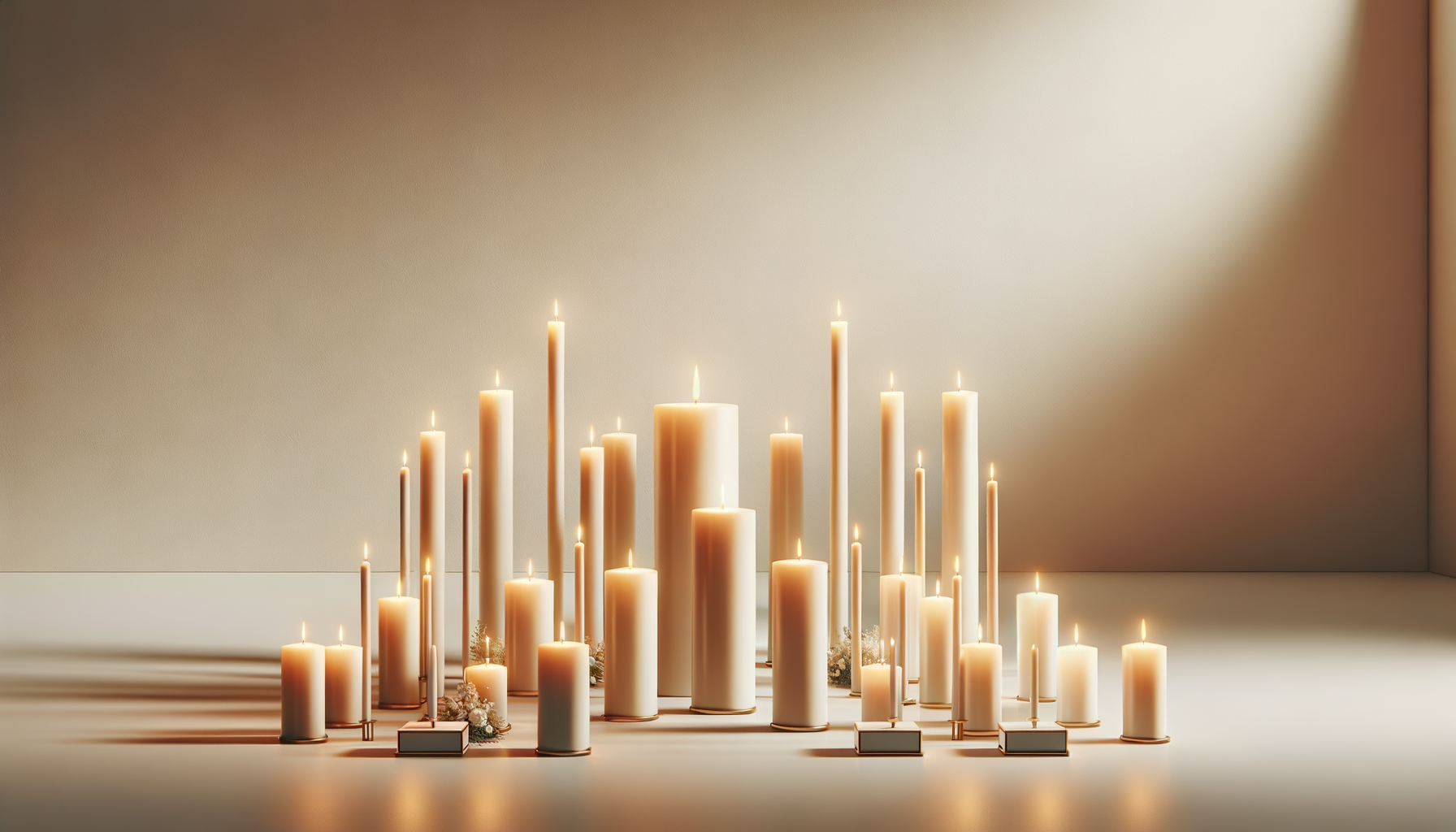 Arrangement of various tall white candles lit and placed on a white surface against a plain wall.