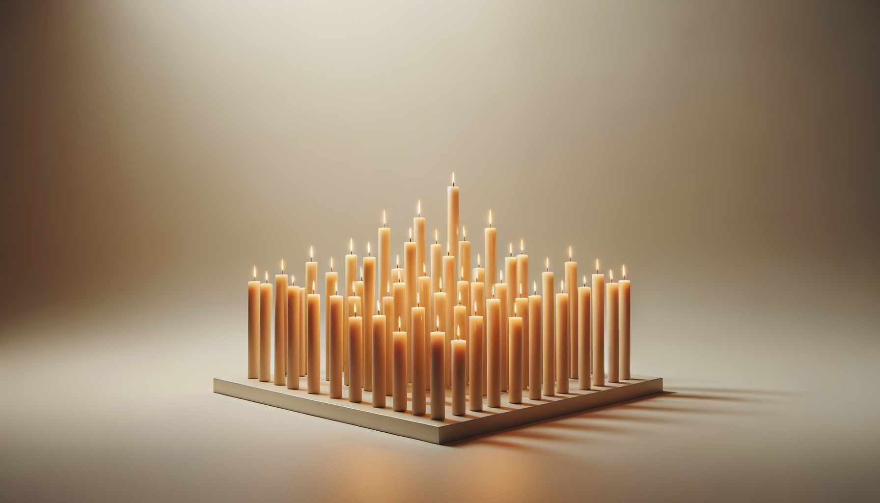 A pyramid of lit candles arranged in a square base on a white platform, creating a warm glow against a neutral background.