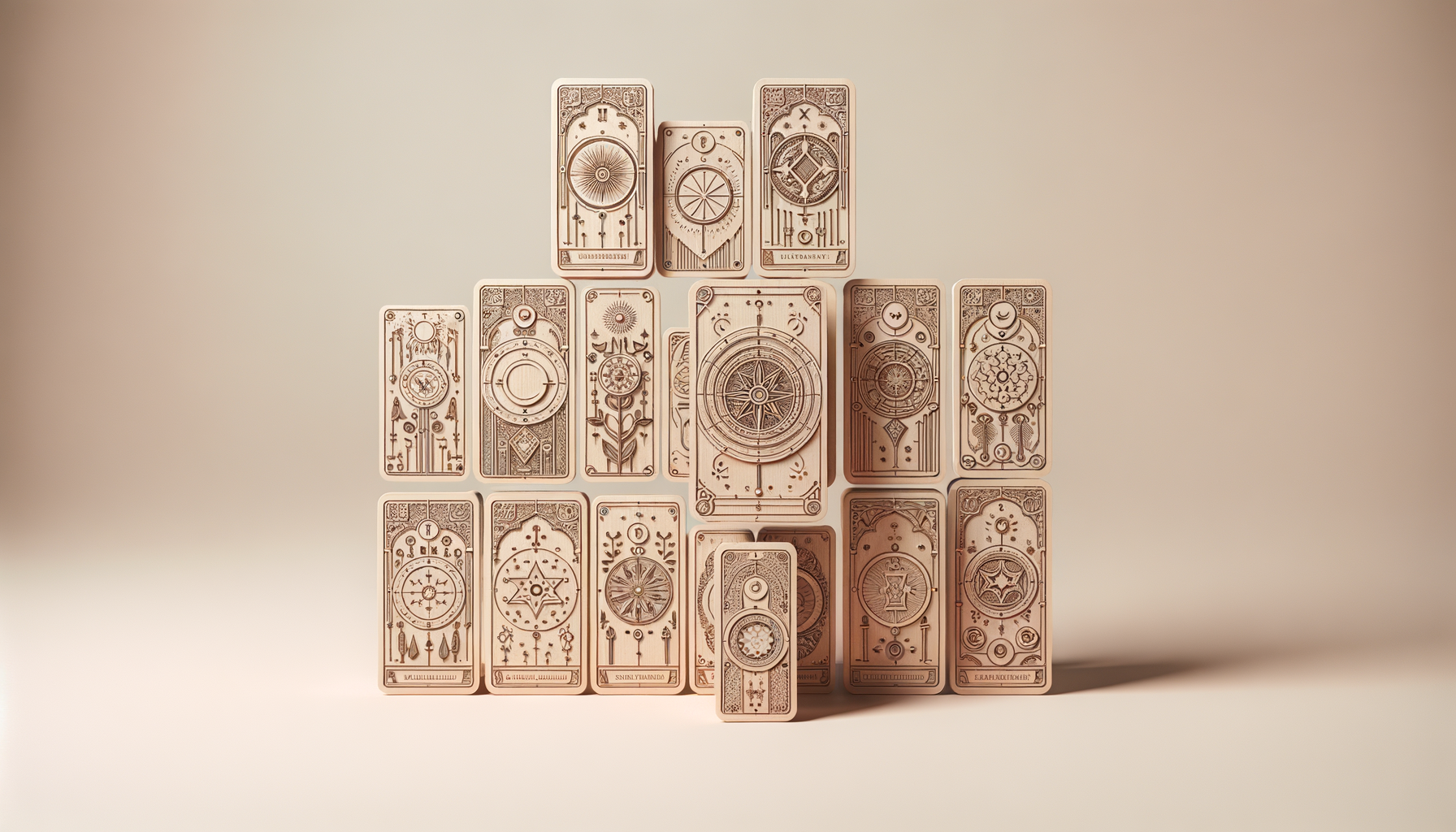 A pyramid of intricately designed tarot cards with mystical symbols and patterns on a plain background.
