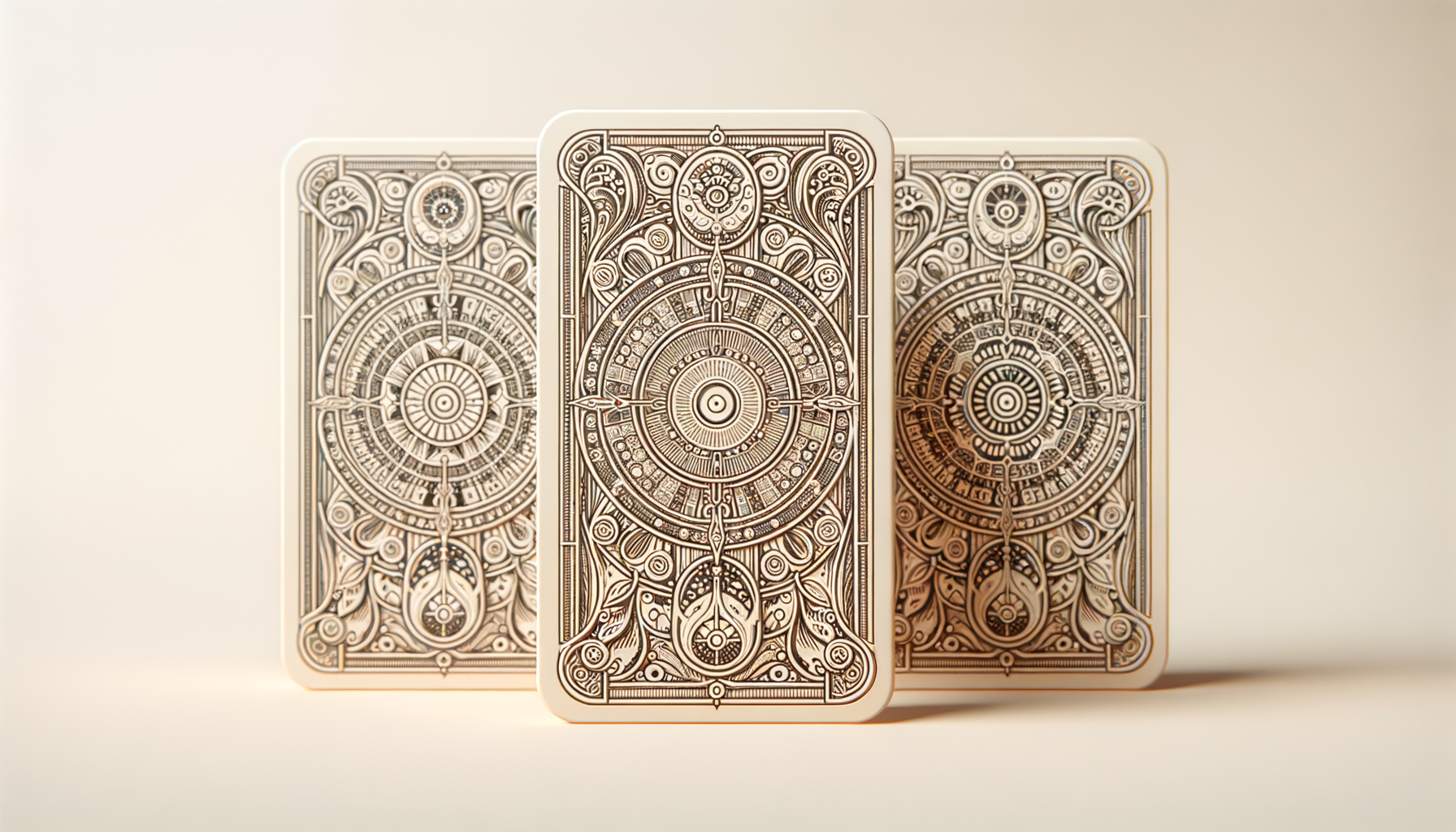 Three intricately designed playing cards with gold and black swirling patterns and geometric details, standing upright on a light background.