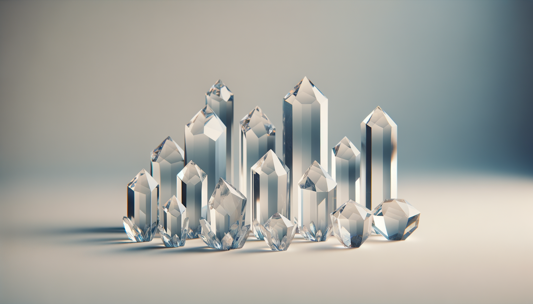 A collection of clear, faceted crystal gemstones of varying sizes arranged on a flat surface.