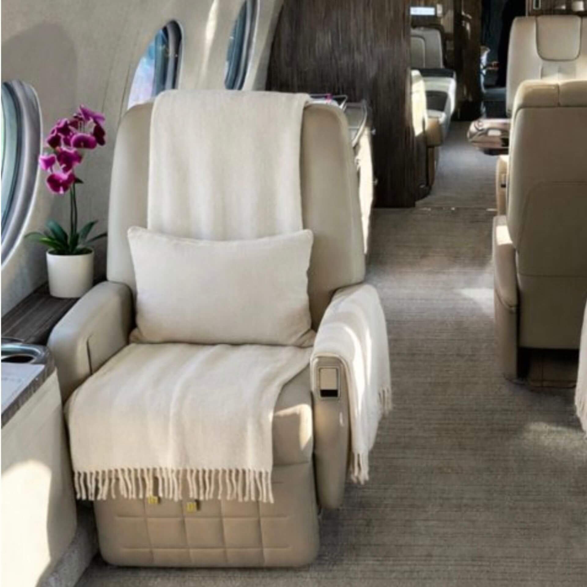 Interior of an airplane featuring a luxurious beige leather seat with a matching pillow and blanket, next to a window with a purple orchid flower in a white pot.