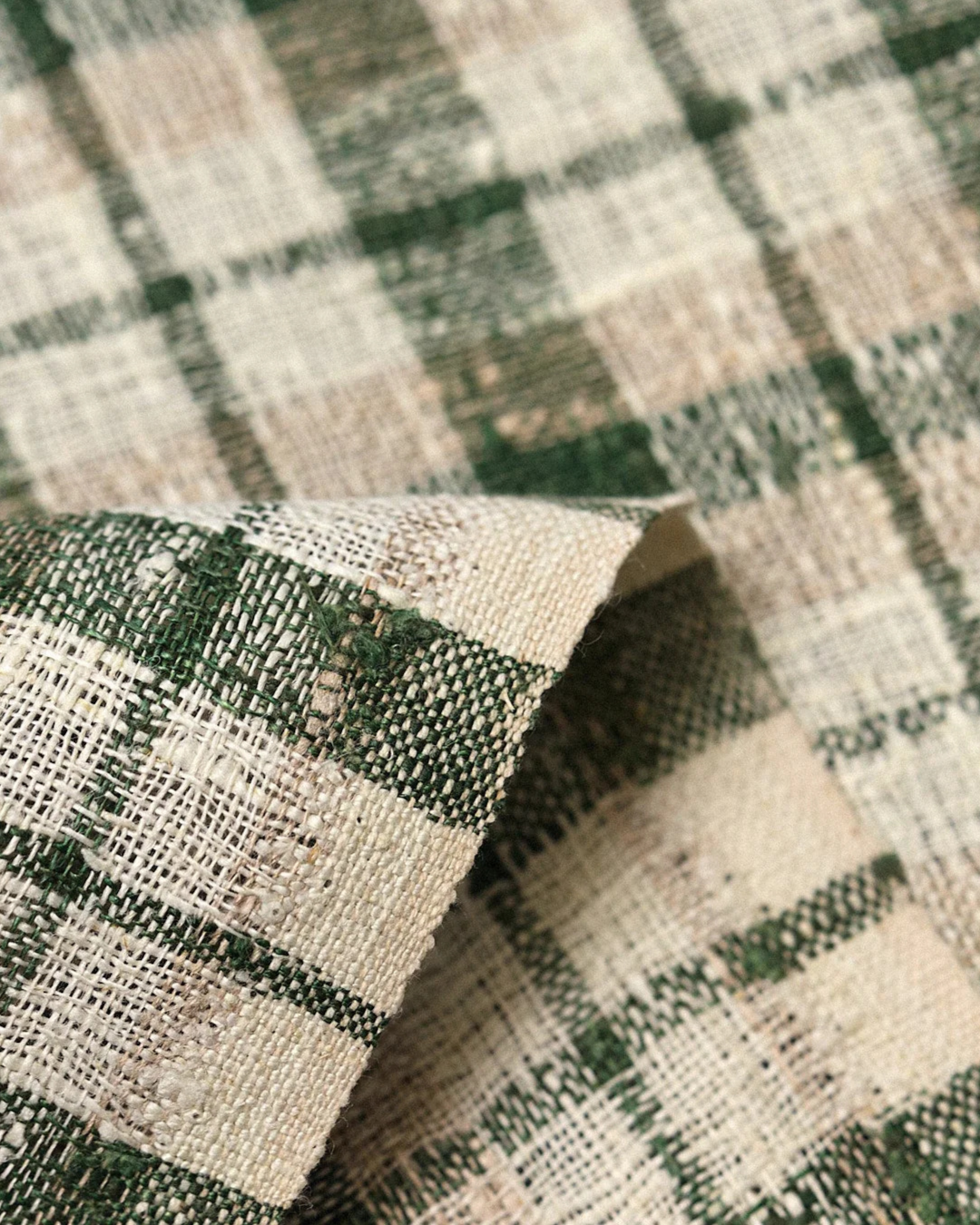 Green and Ivory Plaid 100% Linen - Rustic, Medium Weight (7 oz), Looser Weave