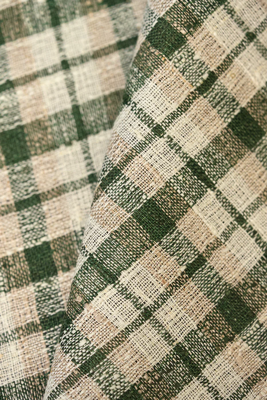 Green and Ivory Plaid 100% Linen - Rustic, Medium Weight (7 oz), Looser Weave