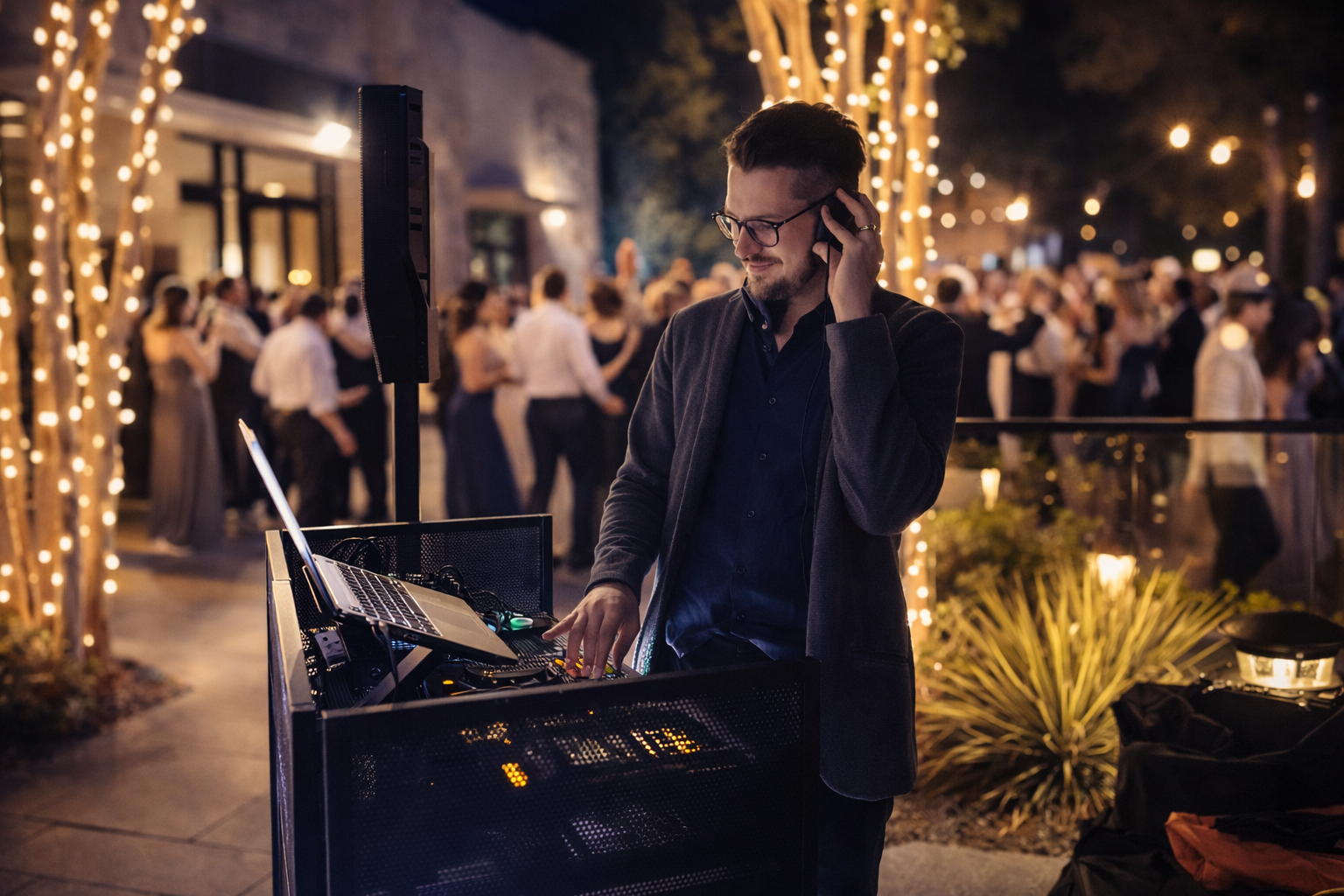 Wedding DJ performing during an outdoor evening reception in Raleigh with string lights and guests mingling.